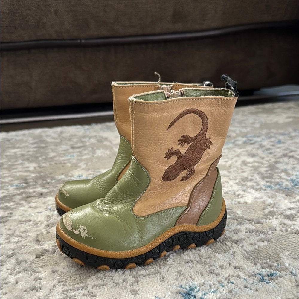 Pedoodles Kids Leather Lizard Boots - Green and Tan Size Large